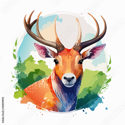 Majestic deer stag portrait in a vibrant watercolor style with large textured antlers.