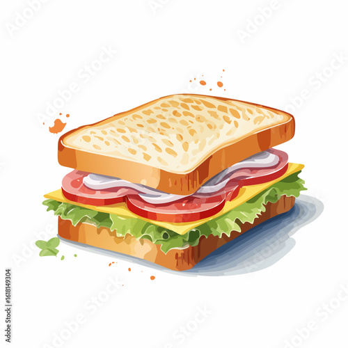Watercolor illustration of a classic ham, cheese, and lettuce sandwich on toast bread.