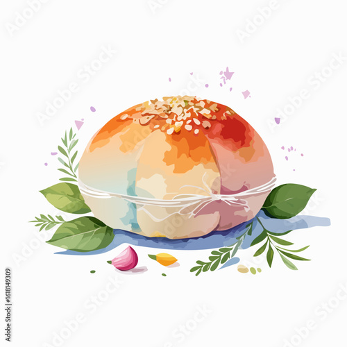 Watercolor illustration of a gourmet baked cheese ball with herbs, garlic, and a crunchy nut topping, tied with rustic twine.