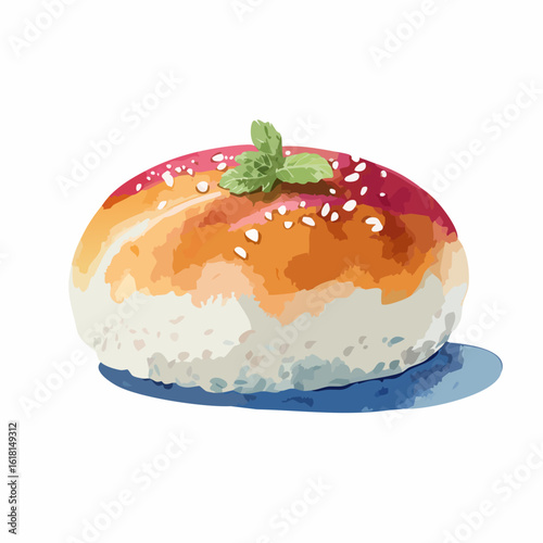 Golden baked sweet bun with red glaze, sesame seeds, and a fresh mint leaf garnish.