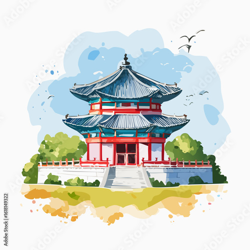 Vibrant watercolor illustration of a traditional Korean palace pavilion with a blue tiled roof and red accents.