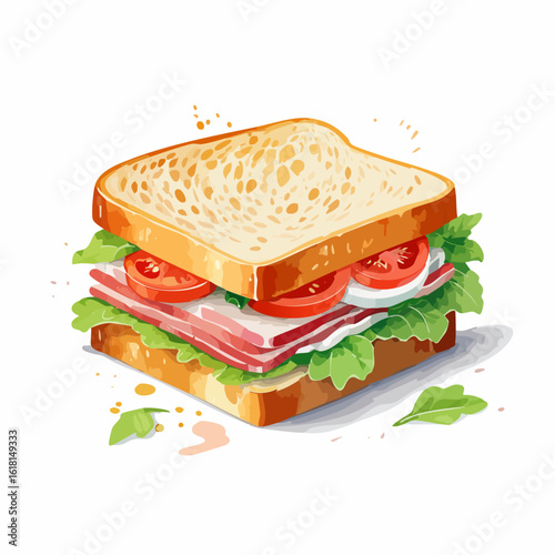 Vibrant watercolor illustration of a classic ham sandwich with fresh lettuce, tomato, and onion.