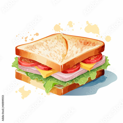 Appetizing watercolor illustration of a classic ham and cheese sandwich with fresh lettuce and tomato on toasted bread.