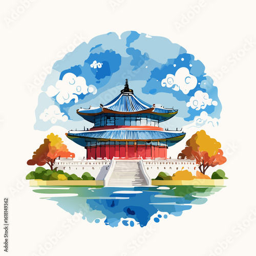 Stylized watercolor illustration of a traditional Korean palace with a blue tiled roof, red walls, and autumn scenery.