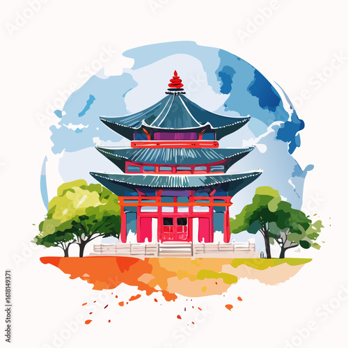 Artistic watercolor of a traditional Asian pagoda with red pillars and tiered blue roofs.