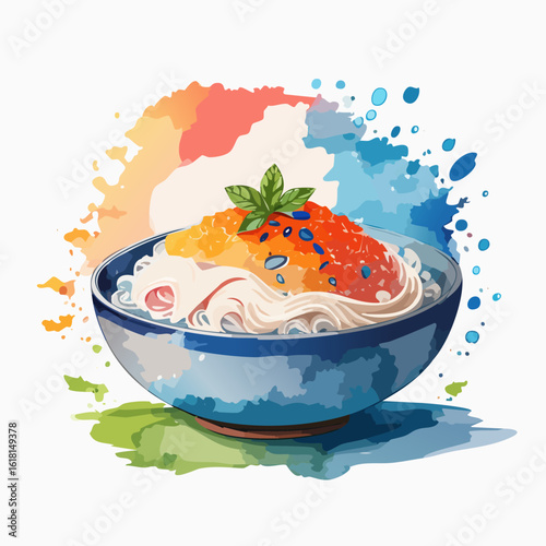 Stylized watercolor bowl of noodles with a vibrant red topping and a fresh green basil garnish.