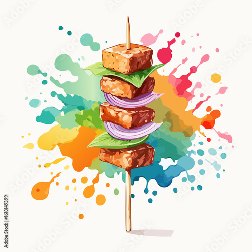Artistic illustration of a grilled tofu and red onion skewer with fresh basil leaves.