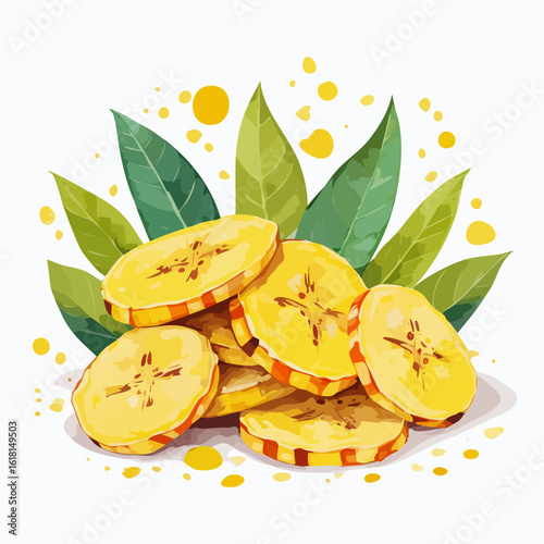 Vibrant illustration of sliced yellow plantain chips in a pile, garnished with fresh green leaves.