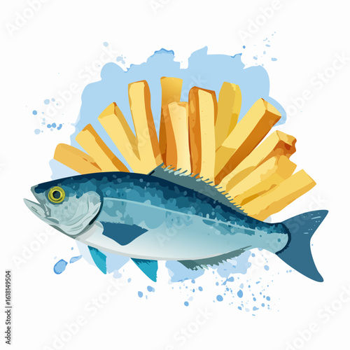 Fresh Blue Mackerel and Golden French Fries in a Modern Artistic Style