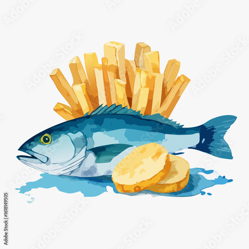 Stylized watercolor illustration of a blue fish with golden french fries and potato slices, a classic fish and chips meal.