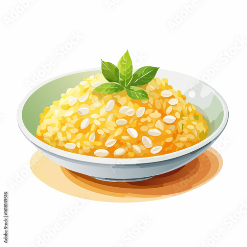 Savory bowl of golden yellow rice topped with white seeds and a fresh green basil sprig.
