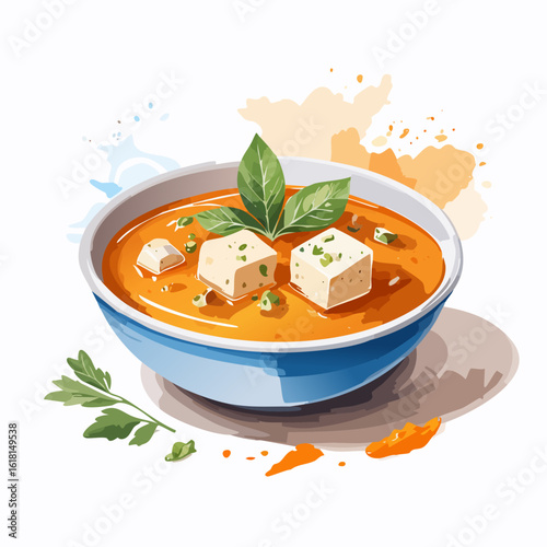 Vibrant watercolor illustration of a bowl of orange soup with tofu cubes and fresh basil.