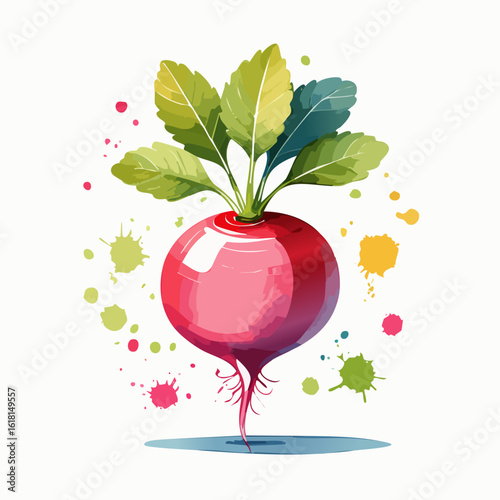 Vibrant watercolor illustration of a single fresh red radish with lush green leaves and glossy highlights.