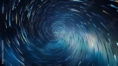 Swirling blue star trails converge into a spiraling vortex in a deep space scene