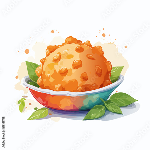 Vibrant watercolor illustration of a bumpy orange Motichoor Laddu sweet in a colorful bowl with green leaf garnish.