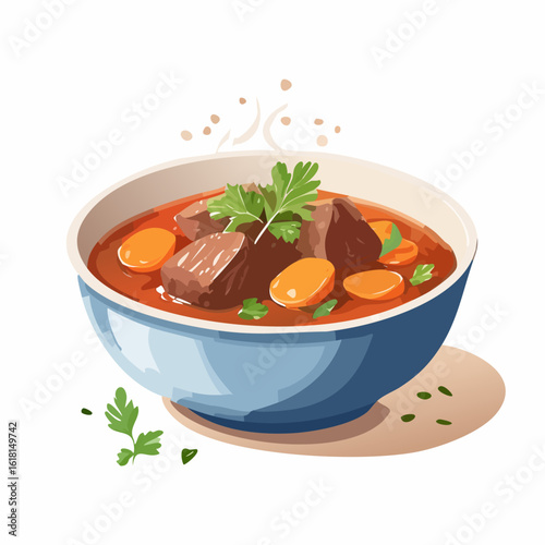 Steaming hot beef stew with carrots and parsley in a blue bowl illustration.