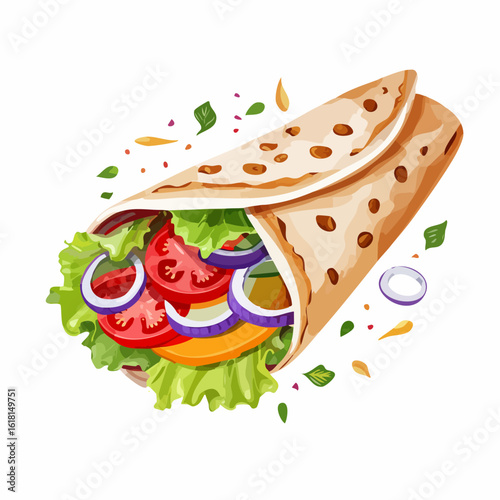 Delicious vegetable wrap with fresh lettuce, tomato, and red onion in a toasted tortilla.