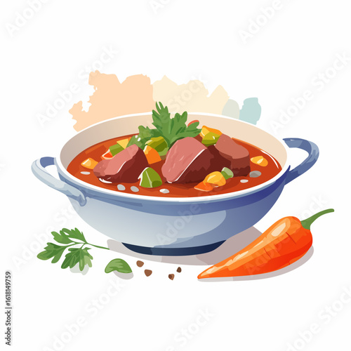 Hearty beef goulash in a blue bowl with vegetables, parsley, and a spicy chili pepper.