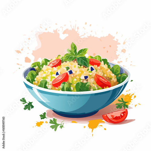 A vibrant bowl of couscous salad with fresh tomatoes, greens, and basil, in a stylized vector illustration.