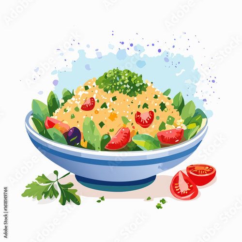 Fresh couscous salad with cherry tomatoes, olives, and herbs in a blue striped bowl, vector illustration.