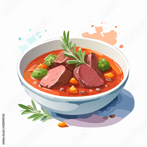 Watercolor illustration of a hearty meat stew in a white bowl, garnished with fresh rosemary.