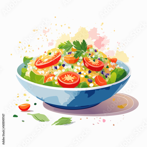 A vibrant watercolor illustration of a fresh grain salad with cherry tomatoes, greens, and parsley in a blue bowl.