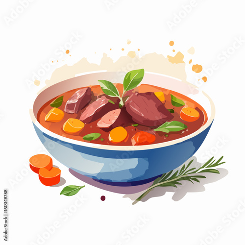 Hearty beef stew with carrots and fresh basil in a blue bowl, watercolor illustration.