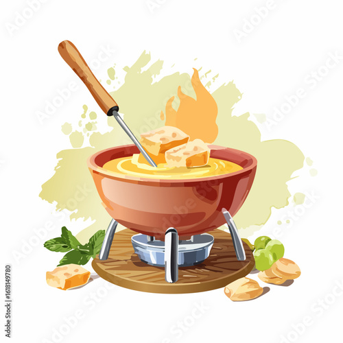 Hot cheese fondue in a red ceramic pot with bread cubes dipped on a long fork.