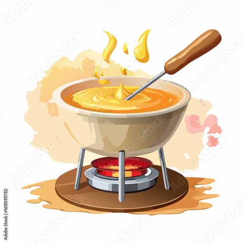 Hot cheese fondue in a ceramic pot, bubbling over a burner with a dipping fork.