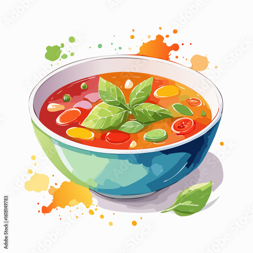 Colorful watercolor illustration of a bowl of vegetable soup garnished with fresh basil leaves.