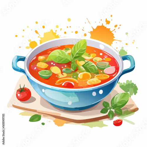 A vibrant, stylized illustration of a hearty vegetable soup in a blue pot, garnished with fresh basil leaves.