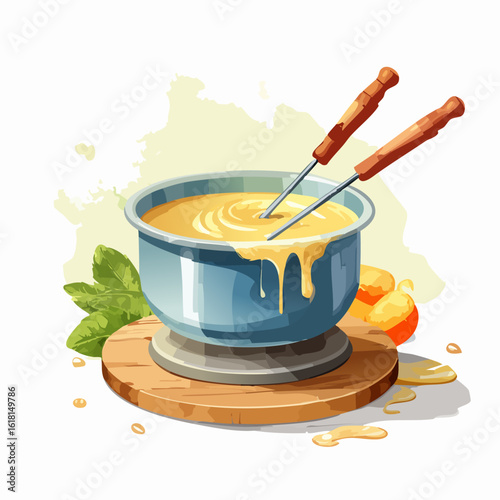 Appetizing cheese fondue in a blue pot with dripping melted cheese and two forks on a wooden stand.