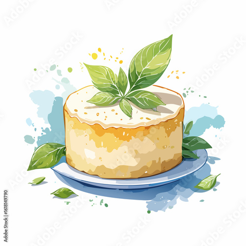 A creamy round cake with white frosting, garnished with fresh basil leaves, in a vibrant watercolor illustration style.