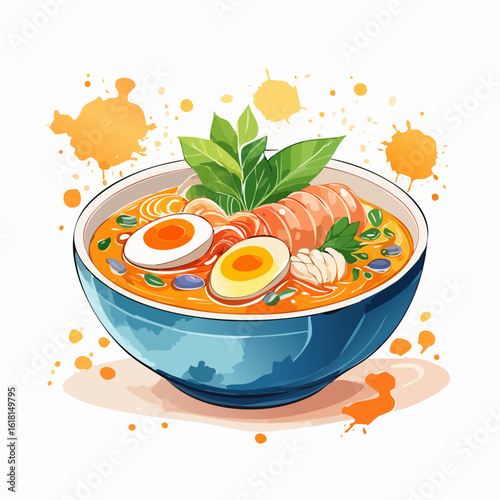 Illustrated seafood ramen in a blue bowl, topped with lobster, soft-boiled eggs, and fresh basil.