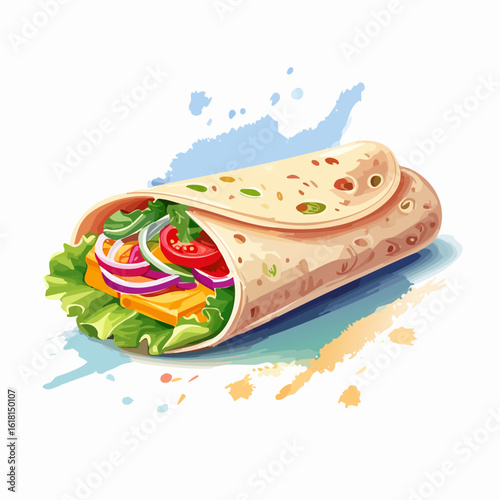 Freshly made tortilla wrap filled with lettuce, tomato, onion, and cheese, in a vibrant vector style.