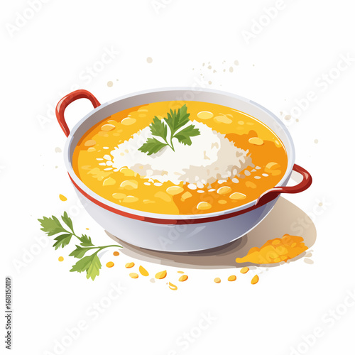 Hearty bowl of yellow lentil soup with rice, garnished with fresh parsley in a white and red pot.