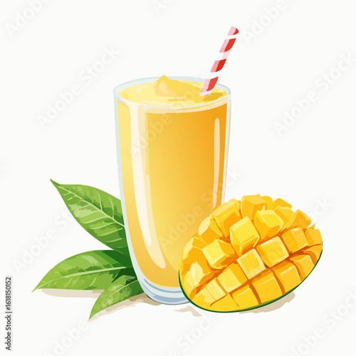 Vibrant yellow mango smoothie in a glass with a red striped straw and a fresh, diced mango half.