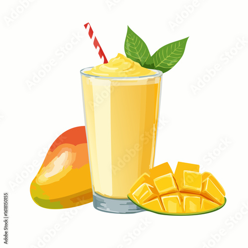Vibrant yellow mango smoothie illustration with fresh fruit, mint garnish, and a red striped straw.