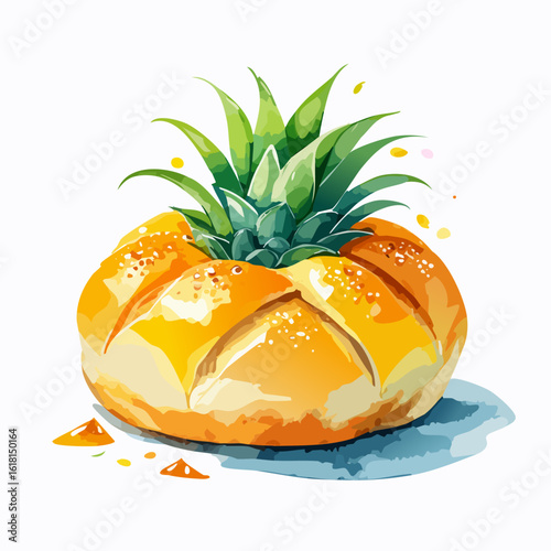 Golden baked pineapple bun with a scored crust and a vibrant green leafy crown, watercolor style.
