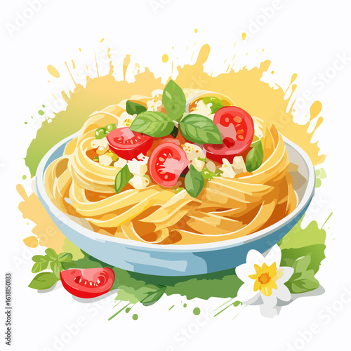 Appetizing illustrated bowl of fresh tagliatelle pasta with cherry tomatoes and basil.