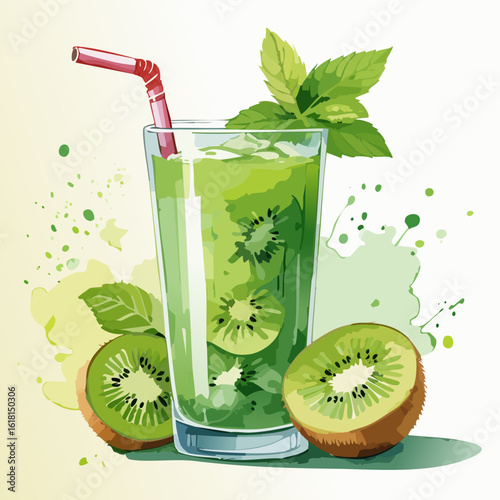 Refreshing green kiwi juice with ice, mint garnish, and fresh kiwi halves in a watercolor style.