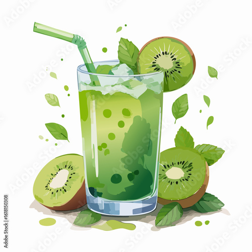 Chilled kiwi and mint juice in a tall glass, garnished with fresh fruit and a straw, watercolor style.