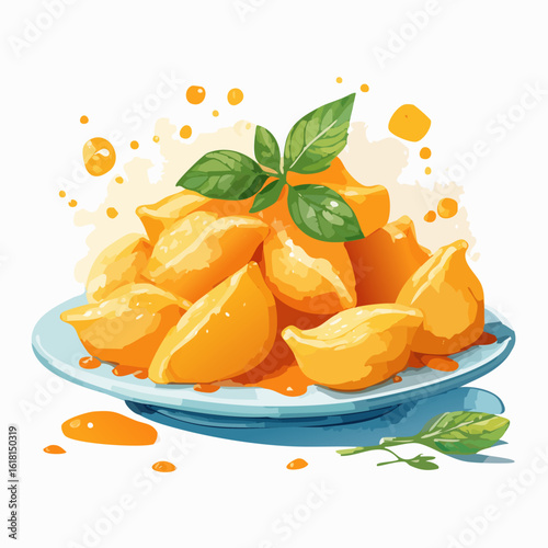 Savory plate of yellow pasta dumplings in a vibrant orange sauce, garnished with fresh basil leaves, watercolor style.