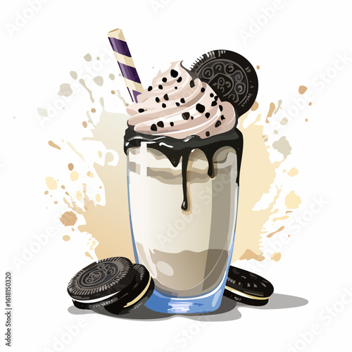 Illustrated cookies and cream milkshake with whipped cream, chocolate drizzle, and sandwich cookies.