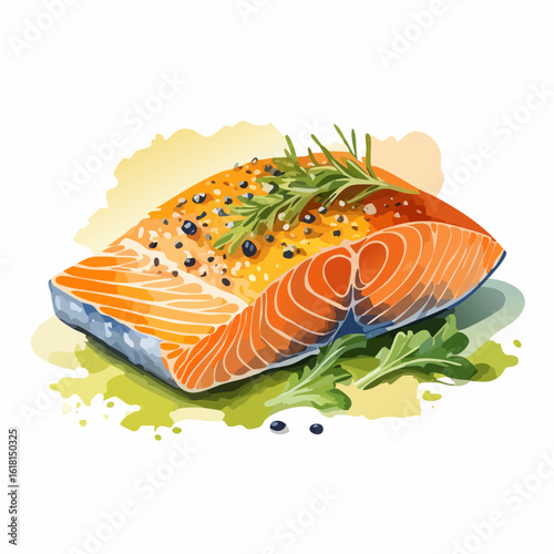 Grilled salmon fillet with rosemary and black pepper, watercolor style illustration.