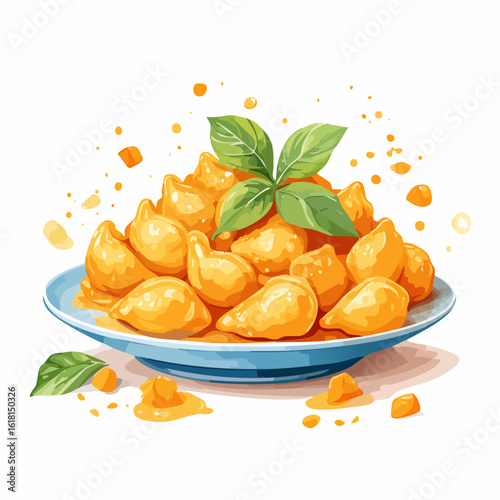 Golden teardrop-shaped pasta dumplings in a vibrant sauce, garnished with fresh green basil leaves.