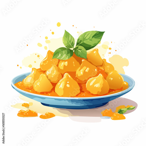 A vibrant illustration of golden sweet dumplings, possibly Modak, in a rich orange sauce, garnished with fresh basil leaves.