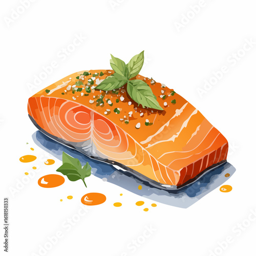 Vibrant orange salmon fillet illustration, seasoned with fresh basil, herbs, and sea salt, ready for cooking.