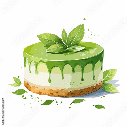 Delicious matcha cheesecake with dripping green glaze and fresh mint leaves, watercolor style illustration.
