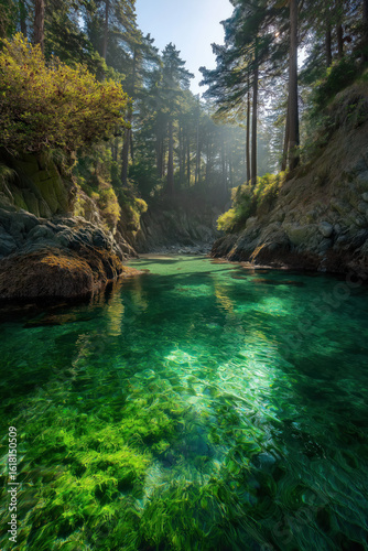 Forest lagoon with clear water. A calm, emerald-green lagoon surrounded by rocky cliffs and dense forest trees with sunlight filtering through the canopy